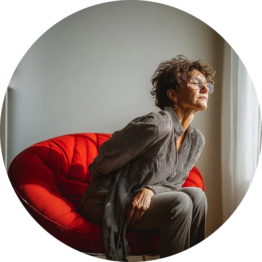 dojrzała kobieta z bólem na twarzy siedzi na czerwonym fotelu