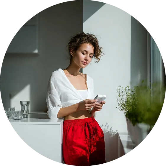 kobieta w czarnym zestawie marynarkowym kroczy przez pomieszczenie, w tle stoją czerwone sofy