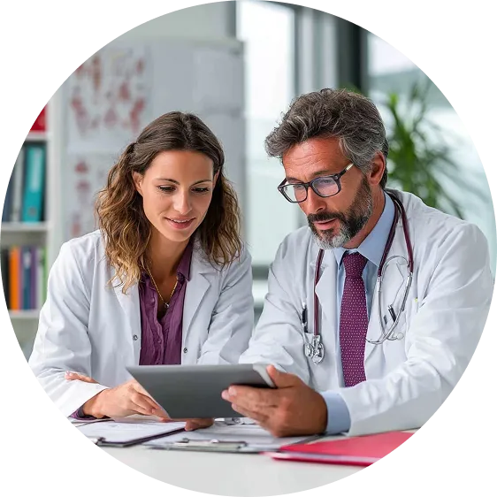 dwóch lekarzy rozmawia o czymś co widzi na tablecie