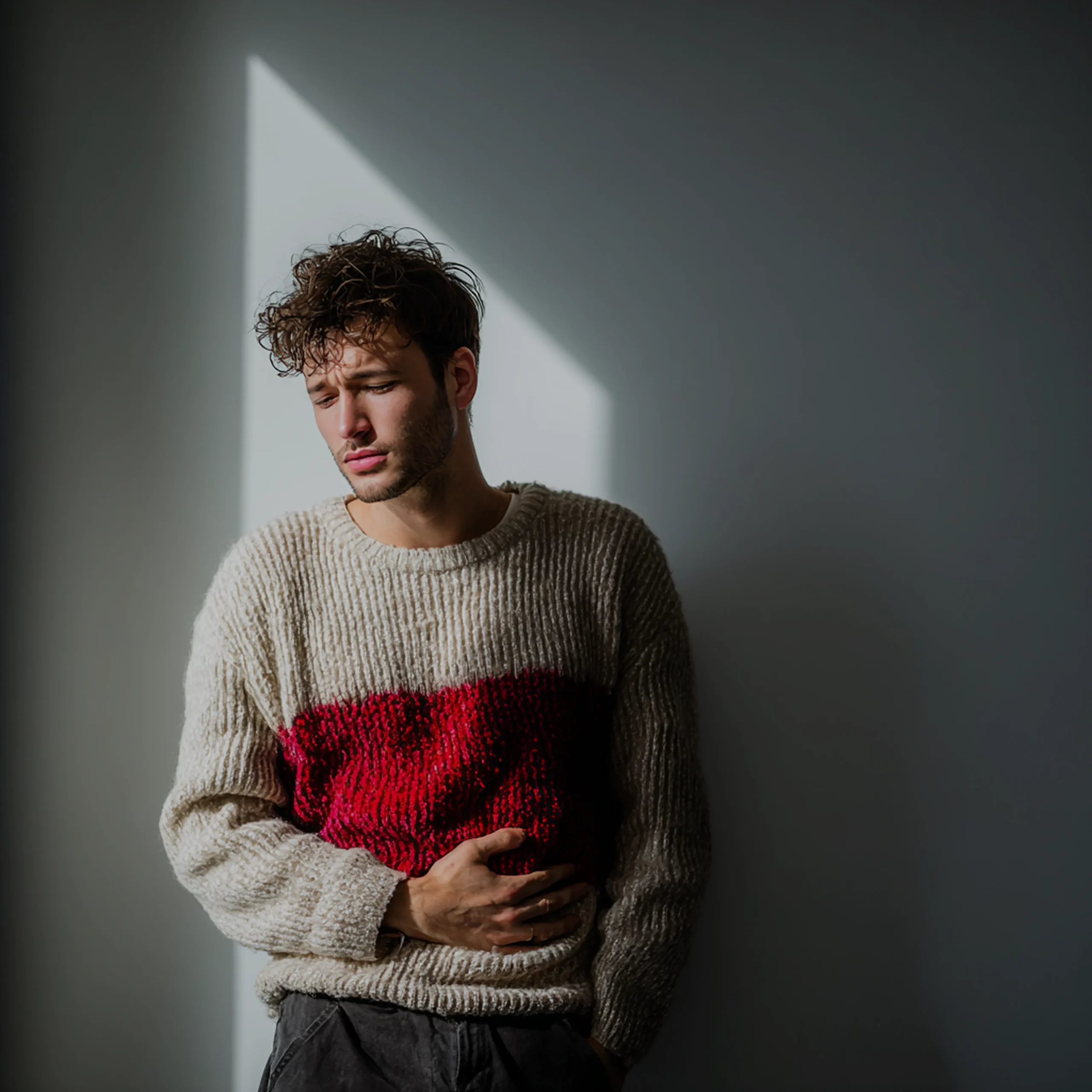 młody mężczyzna z kręconymi włosami ubrany w biało czerwony sweter trzyma się za brzuch
