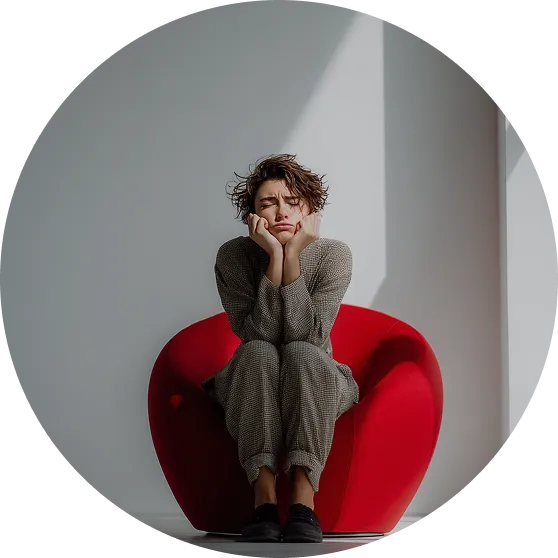 młoda osoba siedzi na fotelu z grymasem na twarzy