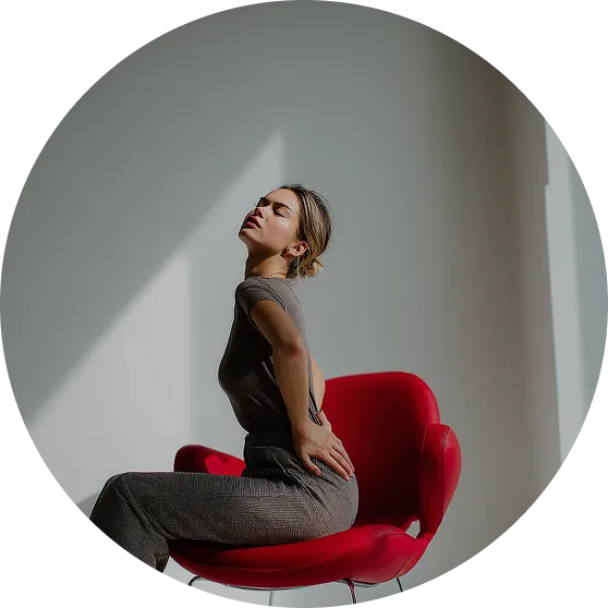 kobiet o blond włosach siedzi na czerwonym fotelu trzymając się za biodra