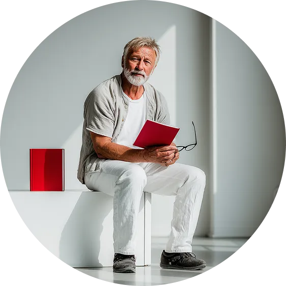 starszy mężczyzna z siwym zarostem ubrany na biało siedzi i coś czyta