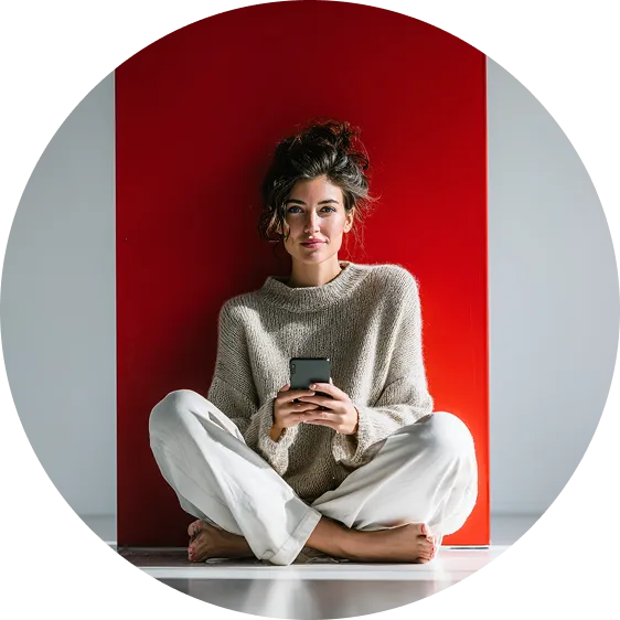 młoda kobieta siedzi po turecku na ziemi i trzyma telefon